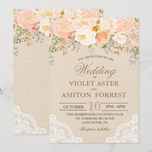 Convite de Casamento com Renda Floral Rosa (Frente/Verso)