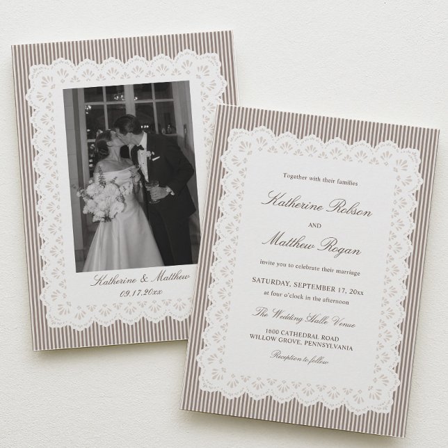 Convite de Casamento com Renda Marrom Listrada Vin (Criador carregado)