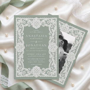 Convite de Casamento com Renda Vintage Verde Sage