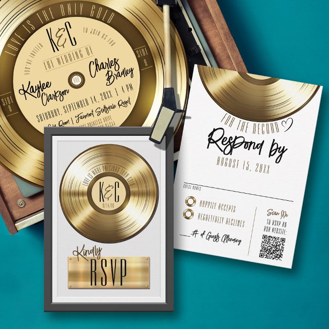 Convite de Casamento com Resposta Placa de Disco d (Solid gold record plaque award style music theme wedding invitation RSVP card, monogram, qr code)