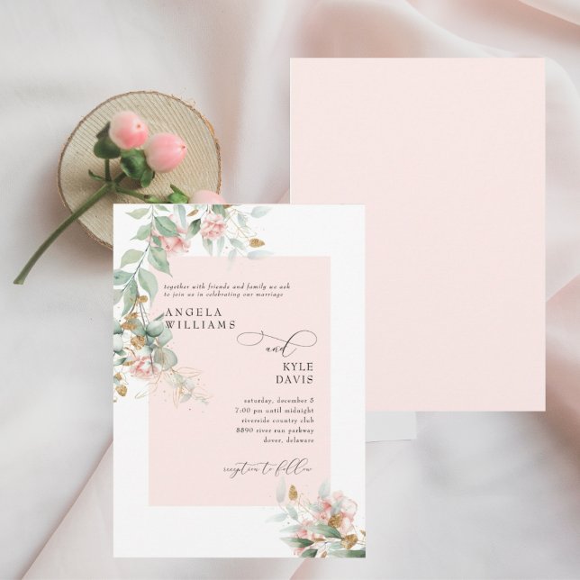 Convite de Casamento com Rosa Eucalipto Cor-de-Ros (Criador carregado)