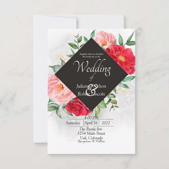 Convite de casamento com rosa vermelha e preto (Frente)