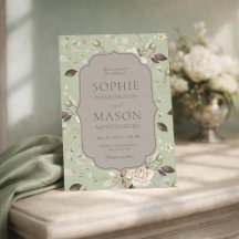 Convite de Casamento com Rosa Vintage em Verde Sag