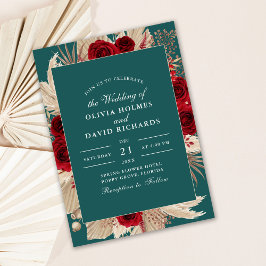 Convite de Casamento com Rosas Boho Verde-azulado 