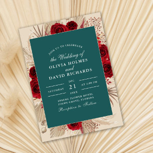 Convite de Casamento com Rosas Boho Verde-azulado 