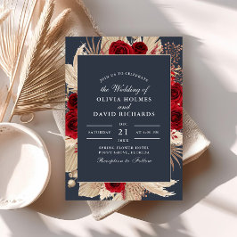 Convite de Casamento com Rosas Borgonha Azul Meia-