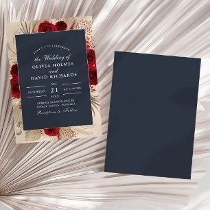 Convite de Casamento com Rosas Borgonha Azul Meia-