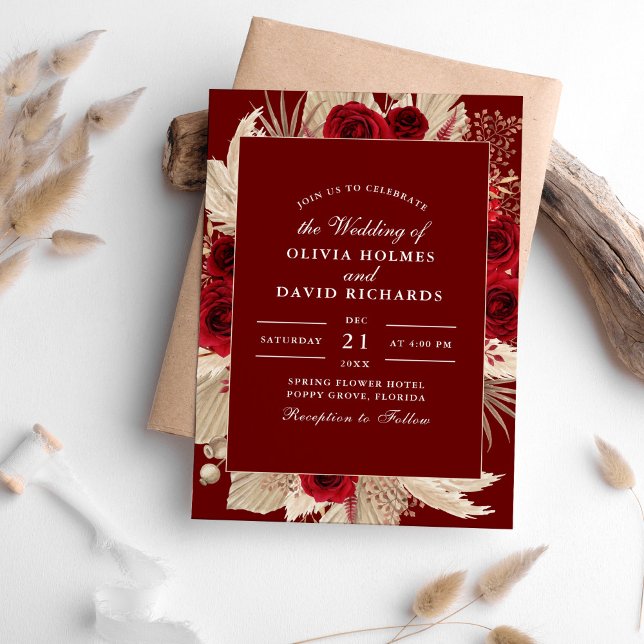 Convite de Casamento com Rosas Borgonha e Capim da (Burgundy Roses and Pampas Grass Wedding Invitation on a table surrounded with pampas grass.)