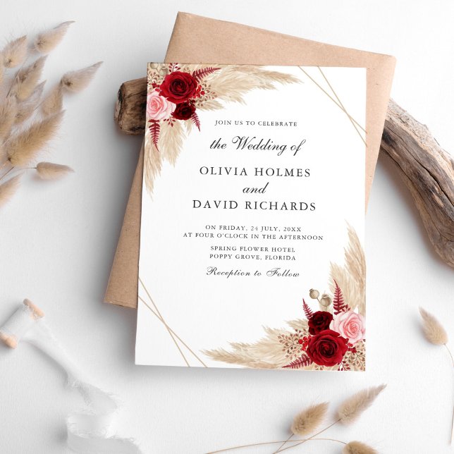 Convite de Casamento com Rosas Borgonha e Grama da (Burgundy Roses and Pampas Grass Invitation on a table sorrounded with pampas grass decoration.)