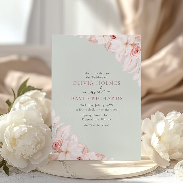 Convite de Casamento com Rosas Cor-de-Rosa Pálido  (Romantic Pale Pink Roses Wedding Invitation on a wedding table with white peonies)