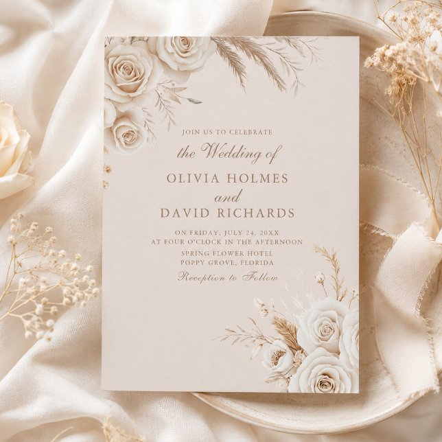Convite de Casamento com Rosas de Marfim e Flores  (Ivory Roses & Dried Flowers Wedding Invitation with ivory flowers)