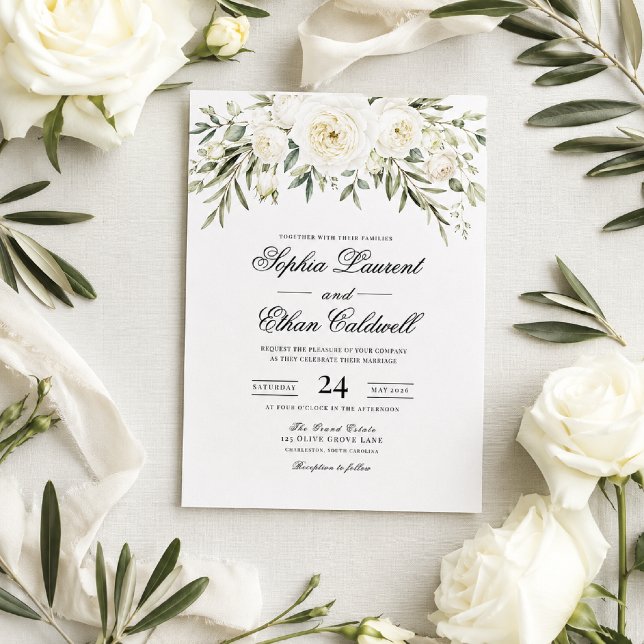 Convite de Casamento com Rosas do Jardim Brancas (White garden roses meet timeless elegance in this luxury wedding invitation.)