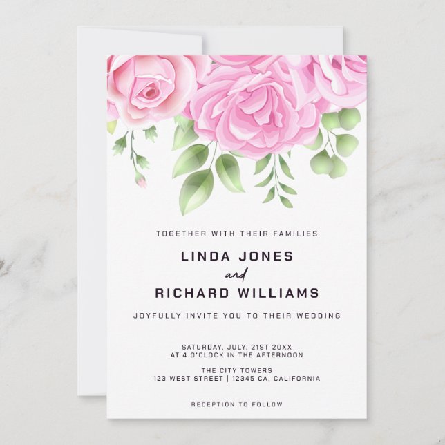 Convite de Casamento com Rosas em Aquarela (Frente)