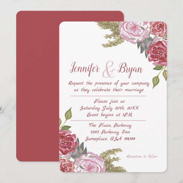 Convite de Casamento com Rosas em Aquarela (Frente/Verso)