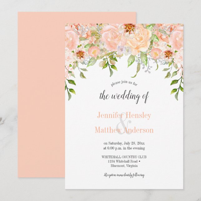 Convite de Casamento com Rosas em Aquarela Cor de  (Frente/Verso)