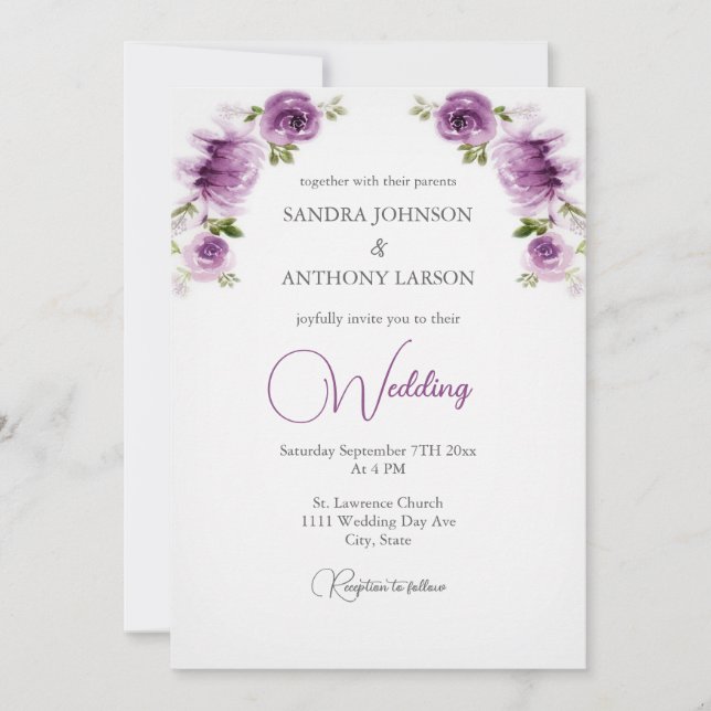 Convite de Casamento com Rosas Fúcsia e Peônias (Frente)