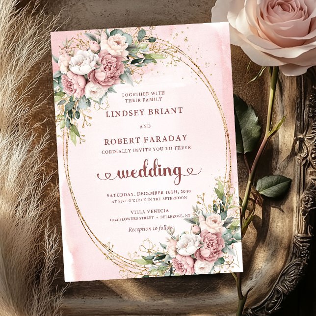Convite de Casamento com Rosas Modernas em Dourado (Modern Rose Gold Blush Flowers Eucalyptus Wedding Invite

)