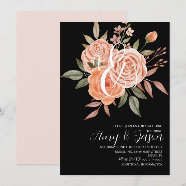 Convite de Casamento com Rosas Peachy Florais em A (Frente/Verso)