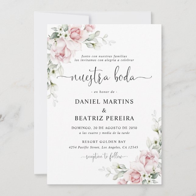 Convite de Casamento com Rosas Rosa Bege (Frente)