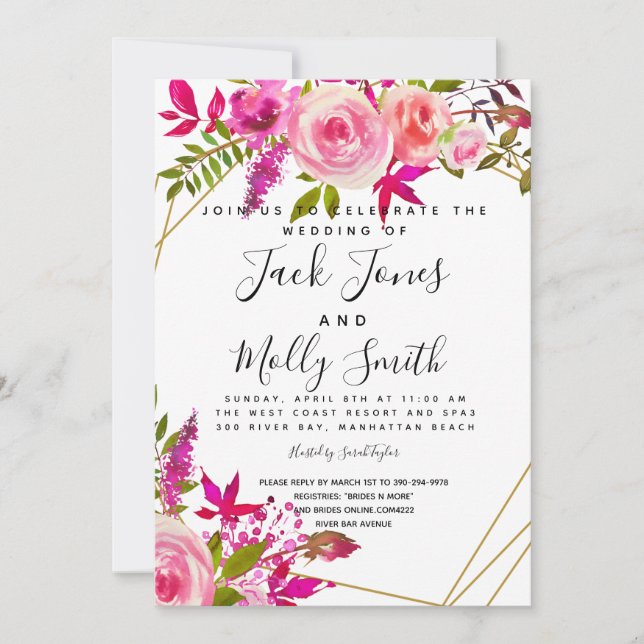 Convite de casamento com Rosas Rosa Cristal em Aqu (Frente)