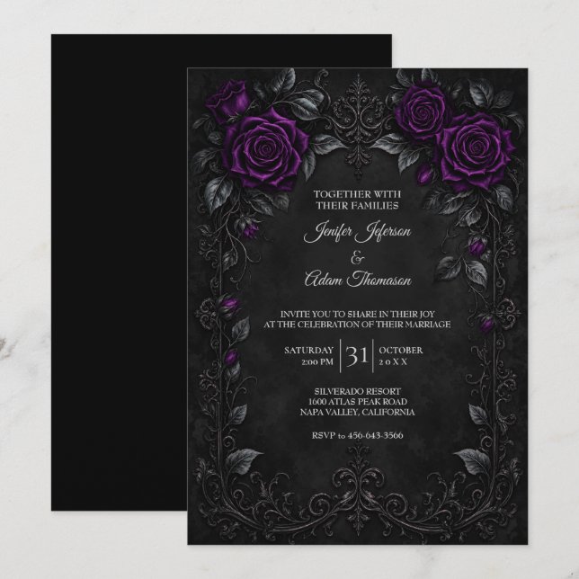 Convite de Casamento com Rosas Roxas (Frente/Verso)