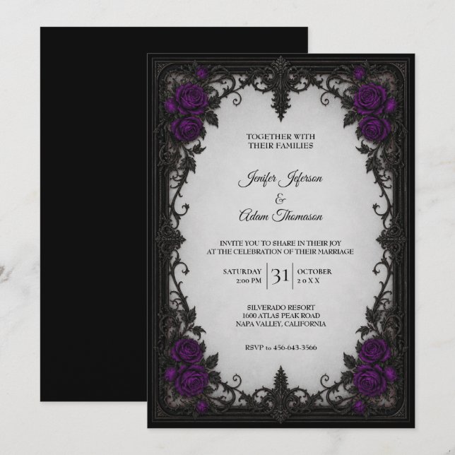 Convite de Casamento com Rosas Roxas (Frente/Verso)