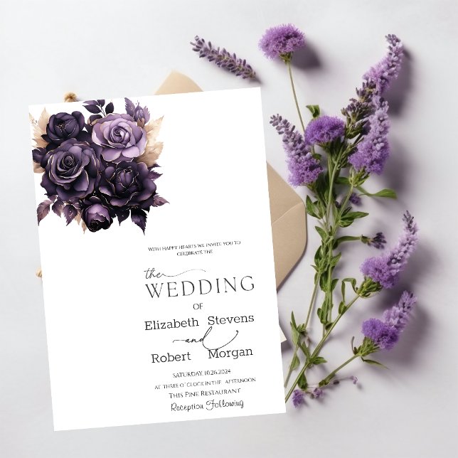 Convite de Casamento com Rosas Roxas Elegantes e E (Criador carregado)