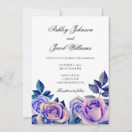 Convite de casamento com rosas roxas. Floral aquar
