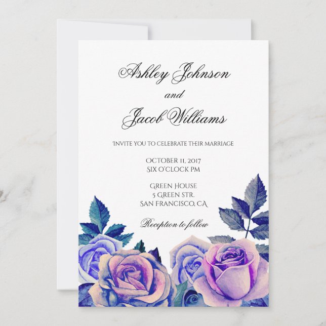 Convite de casamento com rosas roxas. Floral aquar (Frente)