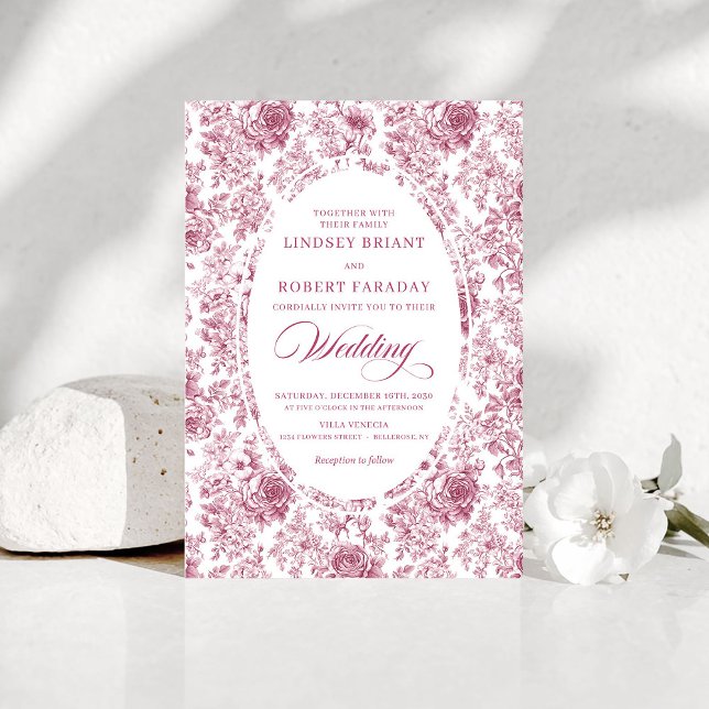 Convite de Casamento com Rosas Toile Rosa e Branca (Pink and White Toile Roses Wedding Invitation)
