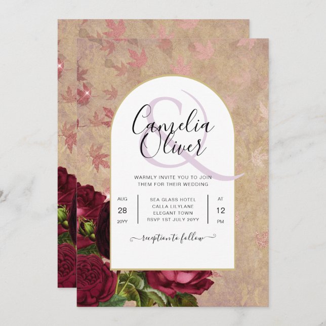 Convite de Casamento com Rosas Vermelhas Botânicas (Frente/Verso)