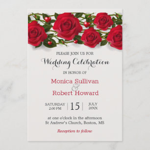 Convite de casamento com rosas vermelhas e coraçõe
