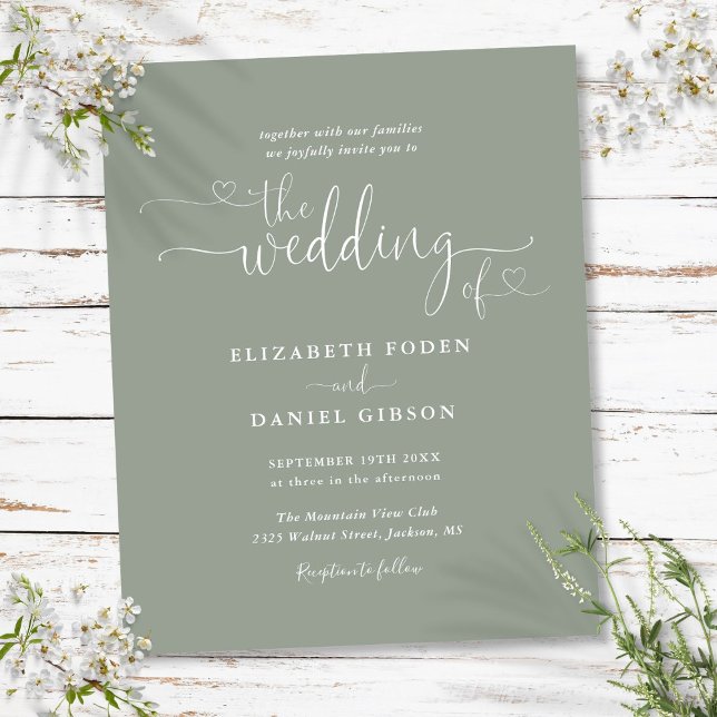 Convite de Casamento com Rótulo Coração Verde Orça (Budget Sage Green Hearts Script Wedding Invite)