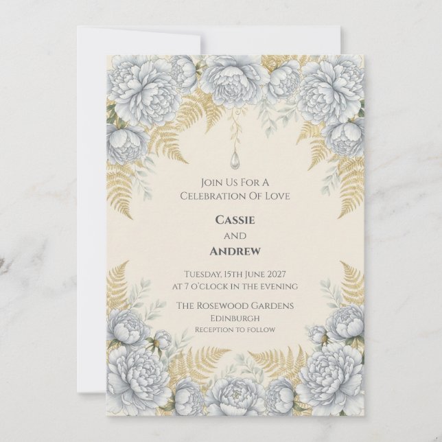 Convite de Casamento com Samambaia Peônia Branca (Frente)