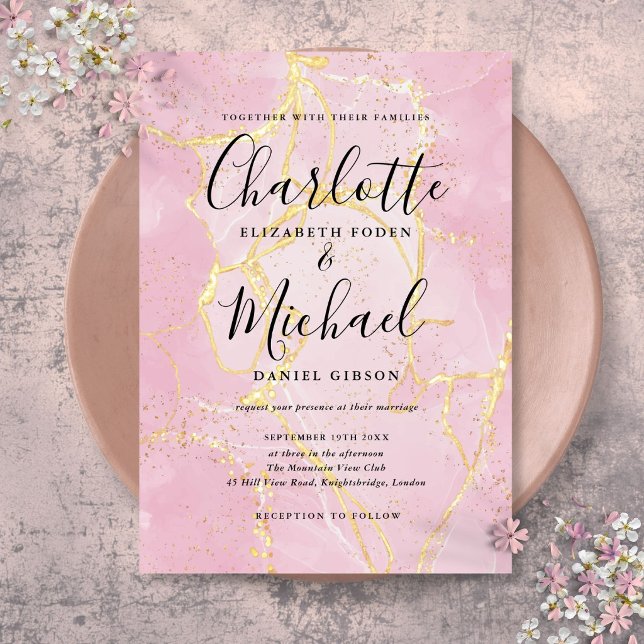 Convite de Casamento com Script de Assinatura em M (Signature Script Pink Gold Agate Marble Wedding Invitation)