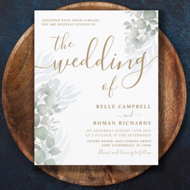 Convite de Casamento com Script Dourado e Eucalipt (Criador carregado)