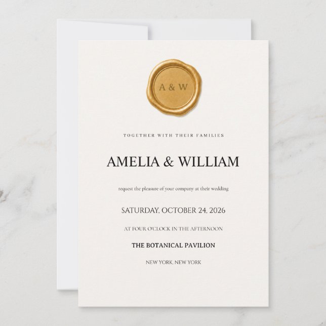 Convite de Casamento com Selo de Cera Dourado Mini (Frente)