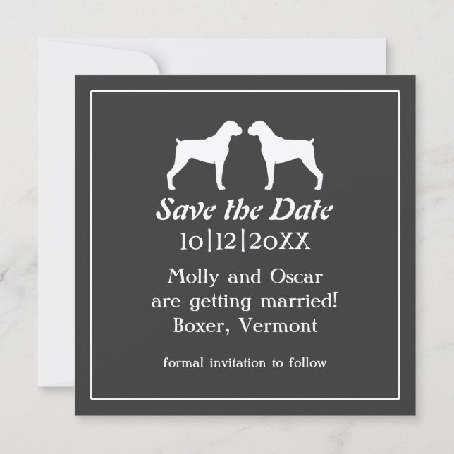 Convite de casamento com silhuetas de cães Boxer (Frente)