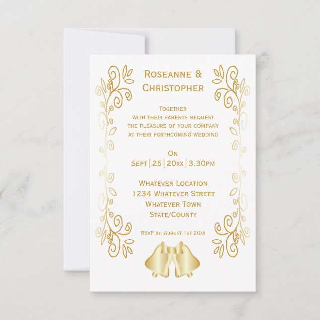 Convite de Casamento com Sininhos em Dourado (Frente)