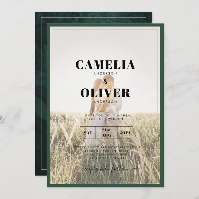 Convite de Casamento com Sobreposição de Foto Verd (Frente/Verso)