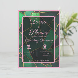 Convite de Casamento com Sobreposição Verde e Rosa