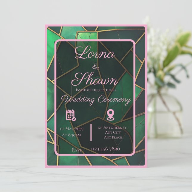 Convite de Casamento com Sobreposição Verde e Rosa (Em pé/Frente)