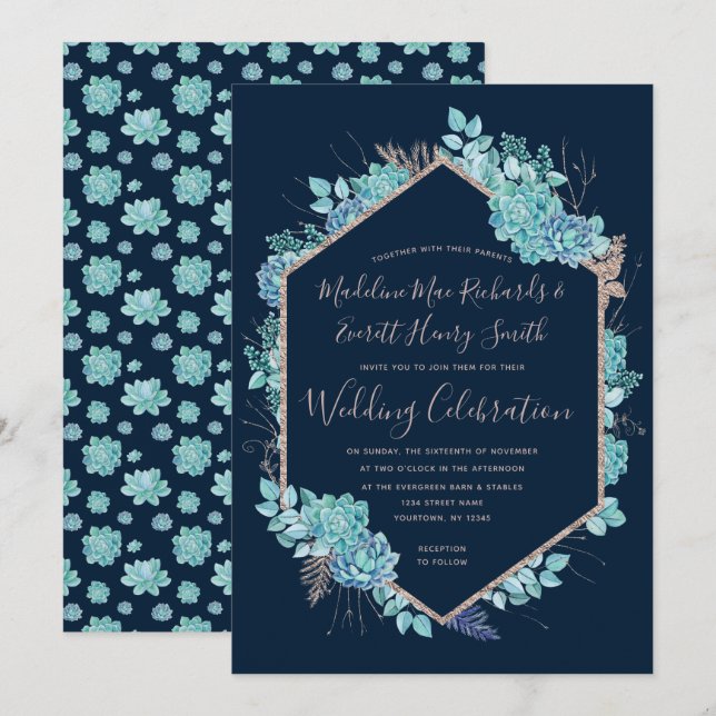 Convite de Casamento com Suculentas Navy e Dourado (Frente/Verso)