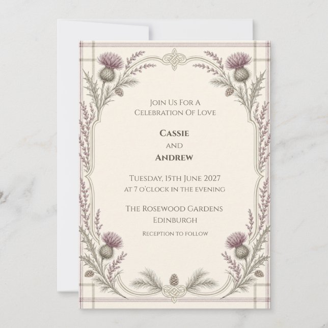 Convite de Casamento com Tartan de Cardo Escocês (Frente)