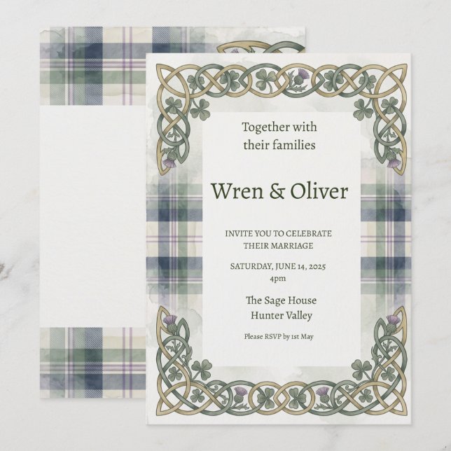 Convite de Casamento com Tartan Escocês e Nó Celti (Frente/Verso)