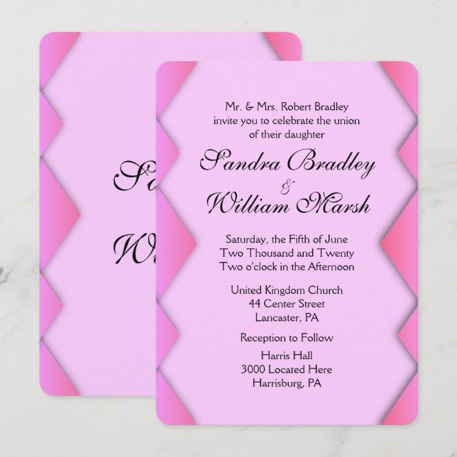 Convite de Casamento com Tecido Rosa (Frente/Verso)