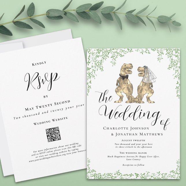 Convite de casamento com tema de dinossauro código (Dinosaur theme wedding qr code invitation watercolor eucalyptus foliage elegant script T-Rex dino)