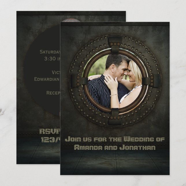 Convite de casamento com tema Steampunk com foto (Frente/Verso)