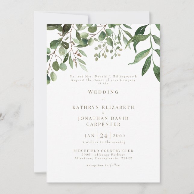 Convite de Casamento com Texto Dourado e Eucalipto (Frente)