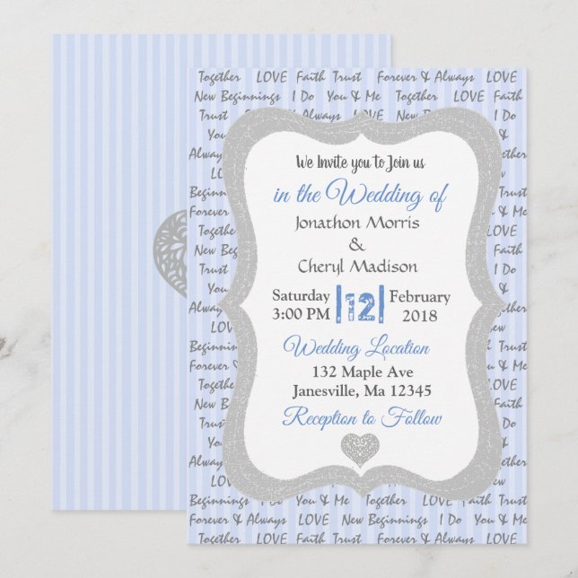 Convite de Casamento com Texto Romântico Azul e Ci (Frente/Verso)